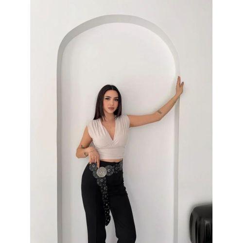 Vatkalı Kolsuz V Yaka Drapeli Crop Bluz Likralı Fit - Boyalı Gri