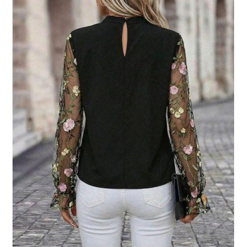 Kadın Uzun Kollu Yarı Balıkçı Yaka Tül Detaylı Ithal Krep Bluz