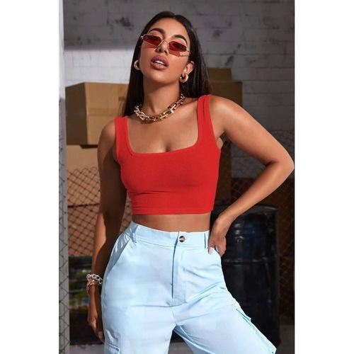 Kadın Kırmızı Kalın Askılı Crop Top Büstiyer Esnek Kumaş Şık Basic Kadın Üst Giyim