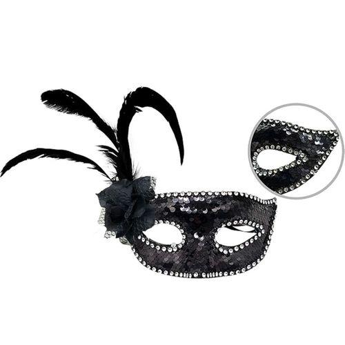 Siyah Yandan Tüylü Güllü Taşlı Pullu Maske