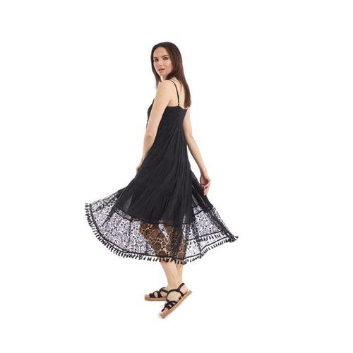 Şile Bezi Siyah Askılı Dantelli Elbise