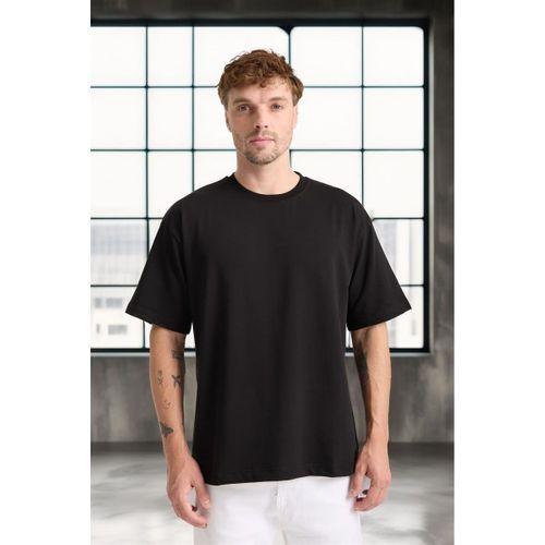 İki İplik Kumaş Pamuklu Bisiklet Yaka Basic Oversize Erkek T-Shirt - Siyah