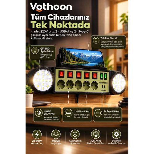 Akıllı Masaüstü Duvar Tipi Akım Korumalı 5’li Priz 3680w Led Işıklı Usb-a Type-c Telefon Standlı