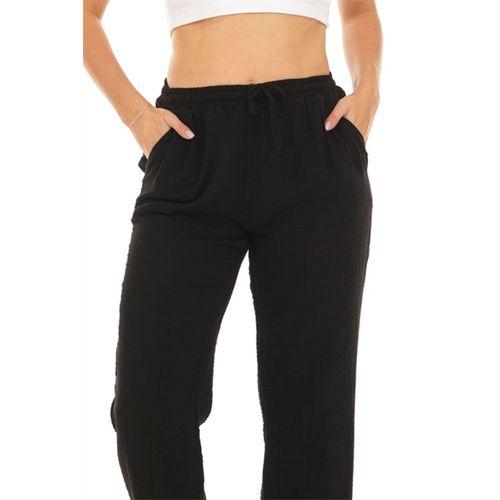 Müslin Siyah Beli Bağcıklı Cepli Kadın Yazlık Pantolon