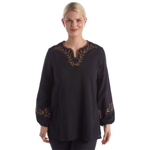 Şile Bezi Uzun Kol Siyah Nakış Detaylı V Yaka Yazlık Otantik Bluz