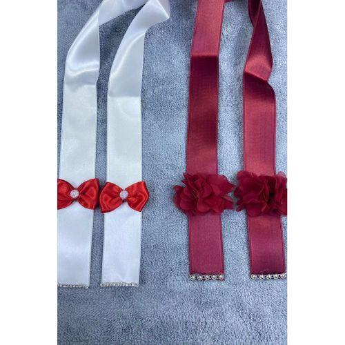 FdayAksesuar Düğün Bordo Beyaz Güllü Papyonlu Özel Tasarım Takı Kurdelesi Takı Kemeri