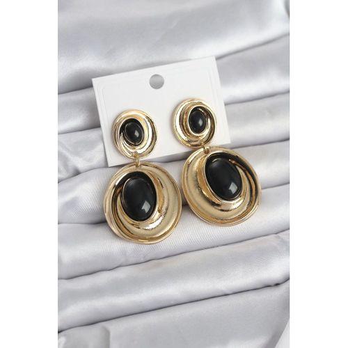 Siyah Sallantılı Damla Model Gold Renk Vintage Kadın Küpe