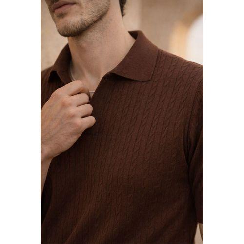 Nestor Saç Örgü Desenli Polo Yaka Regular Fit Örme İnce Triko Erkek T-Shirt - Kahve