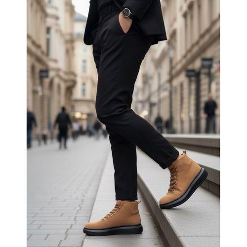 BA0713 Bağcıklı Yüksek Taba Süet Siyah Taban Erkek Tarz Spor Bot