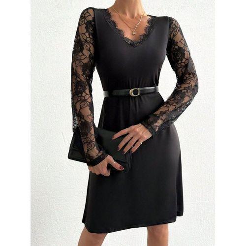 Kadın Uzun Kollu Yaka Ve Kol Dantel Detay Sandy Mini Boy Elbise