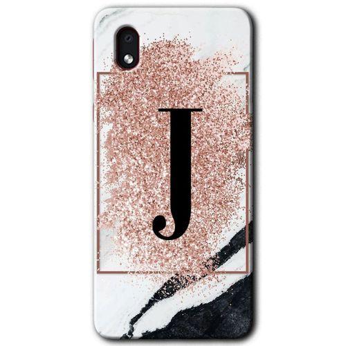 MRCİLETİSİM Samsung Galaxy A01 Core Kılıf Baskılı Kapak - Pembe Mermer Desenli J Harfi + 5D Tam Kaplayan Cam