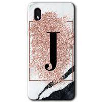 MRCİLETİSİM Samsung Galaxy A01 Core Kılıf Baskılı Kapak - Pembe Mermer Desenli J Harfi + 5D Tam Kaplayan Cam