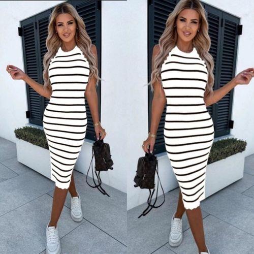 Kadın Halter Yaka Kolsuz çizgi Desenli Triko Elbise