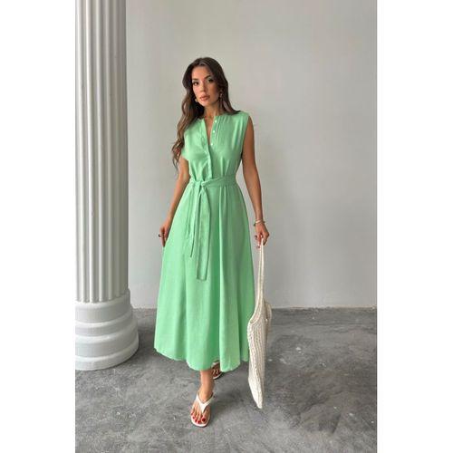 KETEN ELBİSE KOLSUZ BEL BAĞLAMALI MAXİ ELBİSE - Yeşil