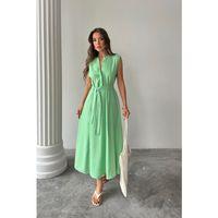 KETEN ELBİSE KOLSUZ BEL BAĞLAMALI MAXİ ELBİSE - Yeşil