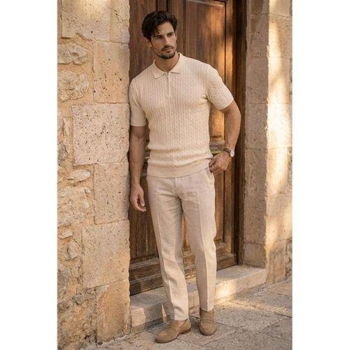 Burke Saç Örgü Yarım Fermuarlı Kısa Kollu İnce Triko Erkek T-Shirt - Bej