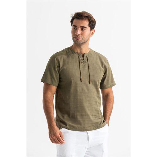 Büyük Beden Kısa Kol Şile Bezi Zımbalı Erkek Yazlık Tshirt Haki 3049