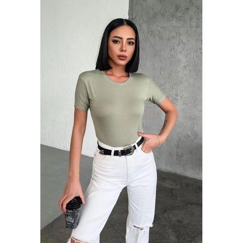 Rahat Ve Şık Kısa Kollu Bisiklet Yaka Likralı Viskon Penye Body Haki