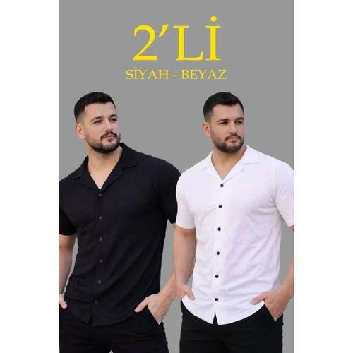 Erkek Waffle Dokuma Açık Yakalı Düğmeli Regular Kalıp 2’li Gömlek Seti - Siyah - Beyaz