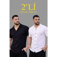 Erkek Waffle Dokuma Açık Yakalı Düğmeli Regular Kalıp 2’li Gömlek Seti - Siyah - Beyaz