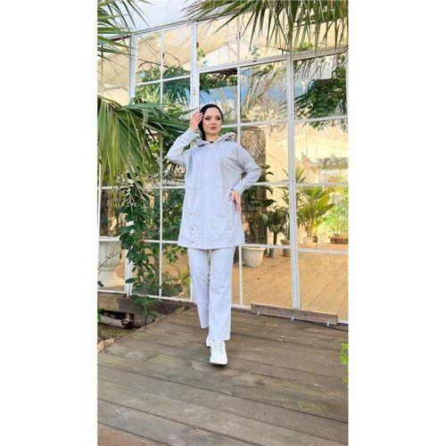 Kapşonlu Çıtçıt Detaylı Kısa Sweat Pantolon İkili Tesettür Eşofman Takımı - 03079.008 - Gri
