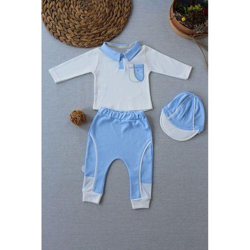 3-6 6-9 9-12 Ay Efendi Nakışlı Cep Şapkalı Uzun Kollu Sweat 3lü Erkek Bebek Takımı Mavi