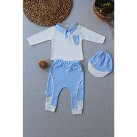 3-6 6-9 9-12 Ay Efendi Nakışlı Cep Şapkalı Uzun Kollu Sweat 3lü Erkek Bebek Takımı Mavi