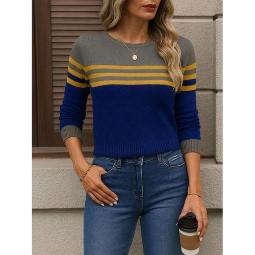 Kadın Uzun Kollu Bisiklet Yaka çok Renkli Triko Bluz