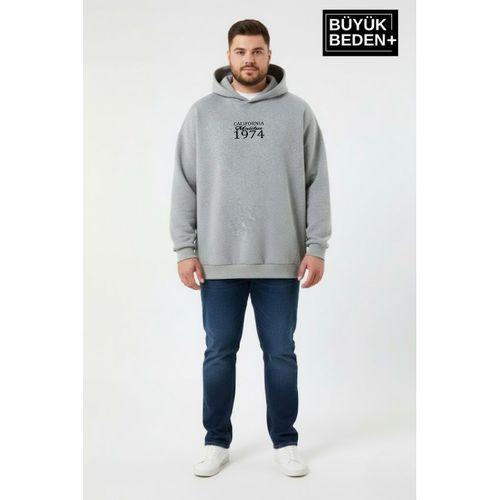 Erkek Büyük Beden California 1974 Baskılı Kapüşonlu Sweatshirt -Rahat Kalıp SPR26BSW965