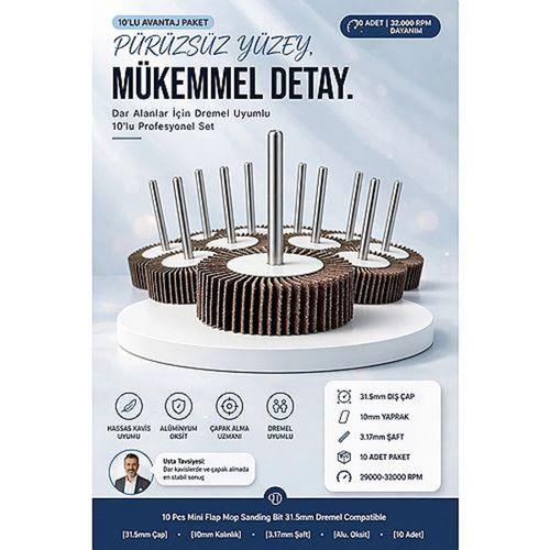 10 LU Mini Flap Saplı Mop Zımpara Gravür Dremel Uyumlu Çapak Alma Zımparası 31.5x10x3.17mm 723587