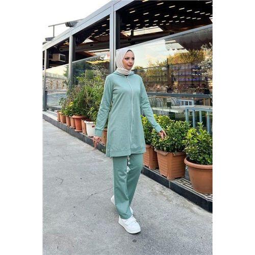 Fermuarlı Kapşonlu İkili Sade Basic Eşofman Spor Takımı - 03052.100 - Çağla Yeşili