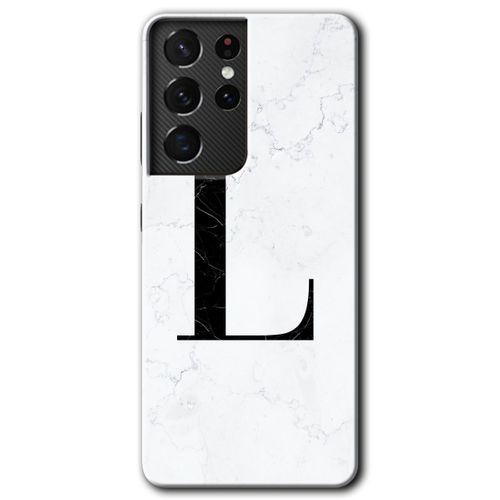 MRCİLETİSİM Samsung Galaxy S21 Ultra Kılıf HD Desen Baskılı Arka Kapak + Temperli Cam - Beyaz Mermer Desenli L Harfi