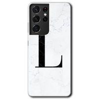 MRCİLETİSİM Samsung Galaxy S21 Ultra Kılıf HD Desen Baskılı Arka Kapak + Temperli Cam - Beyaz Mermer Desenli L Harfi