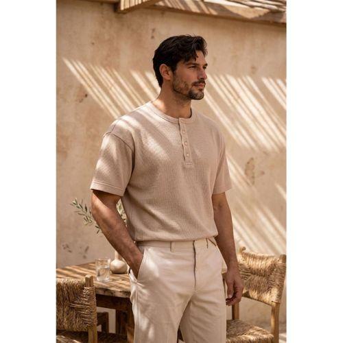 Roth Relaxed Fit Günlük Henley Yaka Waffle Kumaş Yazlık Kısa Kollu T-Shirt - Bej