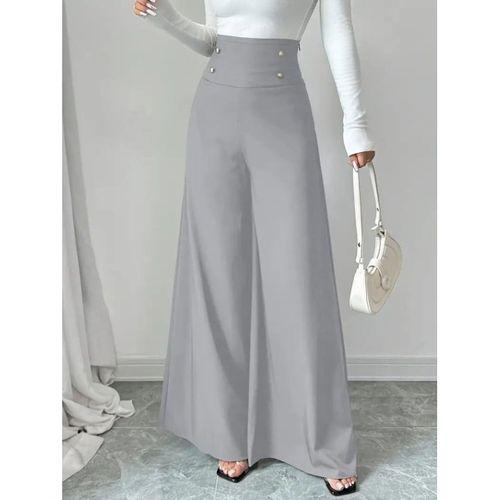 Kadın Yüksek Bel Düğmeli Geniş Paçalı Ithal Krep Pantolon