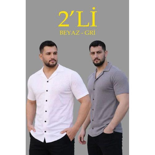 Erkek Waffle Dokuma Açık Yakalı Düğmeli Regular Kalıp 2’li Gömlek Seti - Beyaz - Gri
