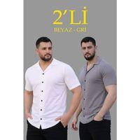 Erkek Waffle Dokuma Açık Yakalı Düğmeli Regular Kalıp 2’li Gömlek Seti - Beyaz - Gri