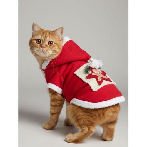 Yıldız Desenli Premium Yılbaşı Kedi Kıyafeti Yıldız Desenli Kırmızı Polar | Kapüşonlu Noel Kedi Kostümü | Kurabiye Temalı