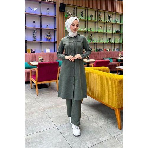Kapşonlu Düğmeli Sade Basic Uzun Tunik ve Pantolon İkili Spor Takım - 03072.005 - Haki