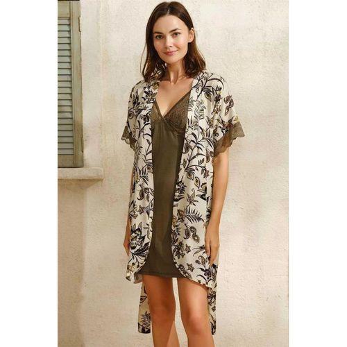 Dokuma Viskon Çiçek Baskılı Sabahlık Ve Dantelli Kısa Gecelik Takımı