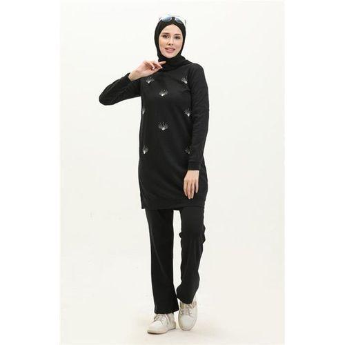 Bisiklet Yaka Uzun Tunik Pantolon Sade Basic Spor Takımı - 03050.003 - Siyah