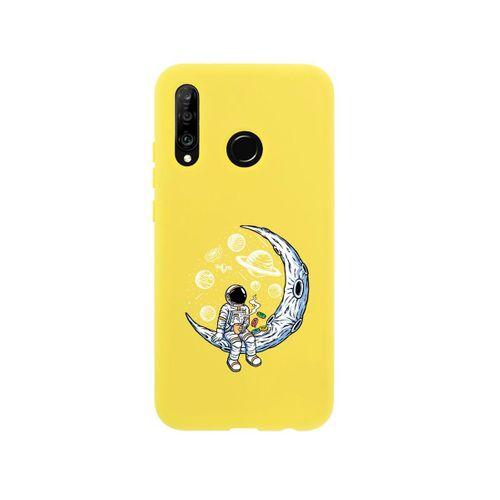 Huawei P30 Lite Keyifli Astronot Premium Silikonlu Sarı Telefon Kılıfı
