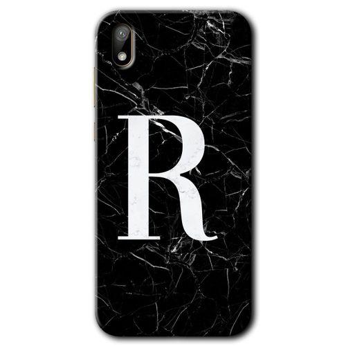 MRCİLETİSİM Huawei Y5 2019 Kılıf HD Desen Baskılı Arka Kapak + Temperli Cam - Siyah Mermer Desenli R Harfi