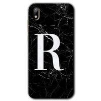 MRCİLETİSİM Huawei Y5 2019 Kılıf HD Desen Baskılı Arka Kapak + Temperli Cam - Siyah Mermer Desenli R Harfi