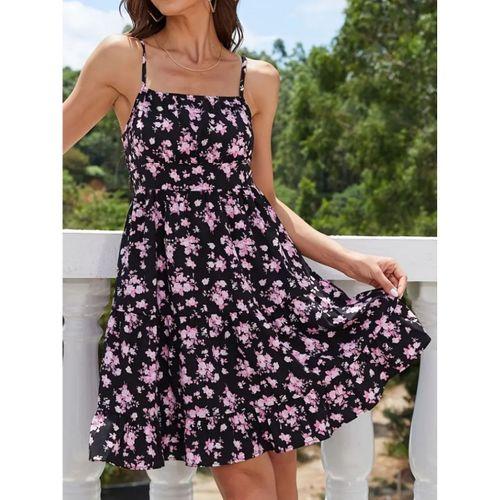 Kadın Askılı çiçek Desenli Süprem Mini Elbise