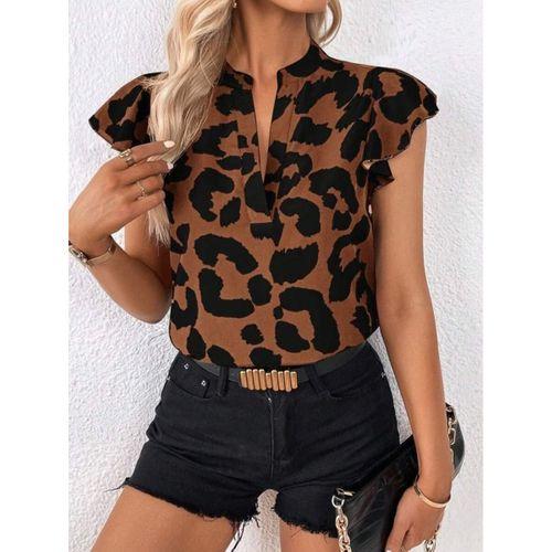 Kadın Kısa Fırfır Kollu V Yakalı Leopar Desenli Süprem Bluz