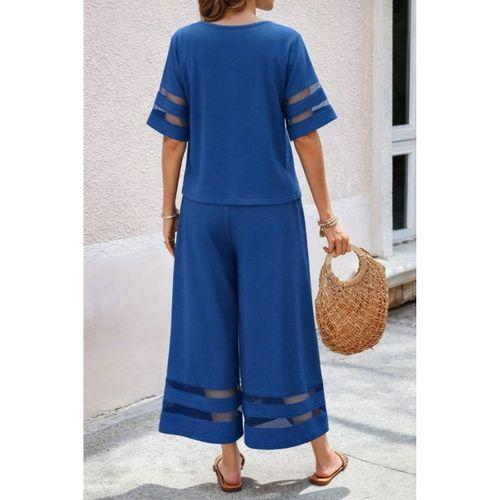 Kadın Kısa Kollu Bisiklet Yakalı Tül şerit Detaylı Bluz Ve Pantolon Ikili Takım