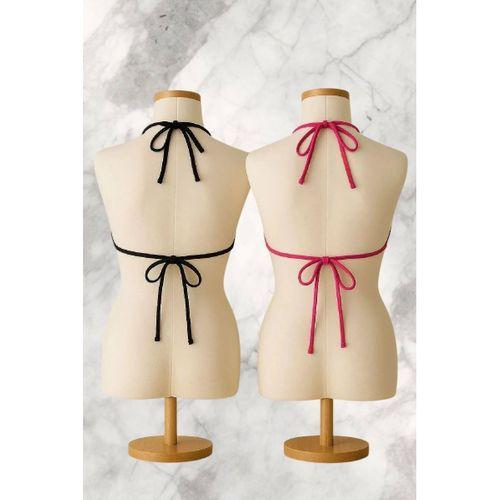 Siyah Ve Fuşya Detaylı Üçgen Bikini Üstü Bağlamalı Kadın Mayo Üstü 2'li
