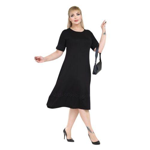 Melsay Butik Siyah Taş Baskılı Şerit Kısa Kollu Midi Elbise