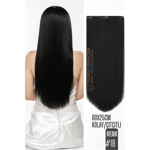 Doğal Görünümlü Düz Siyah Sentetik Kaynak Saç – RENK KOD:#1B Kolay Tak Çıkar, Işıltılı Etki!